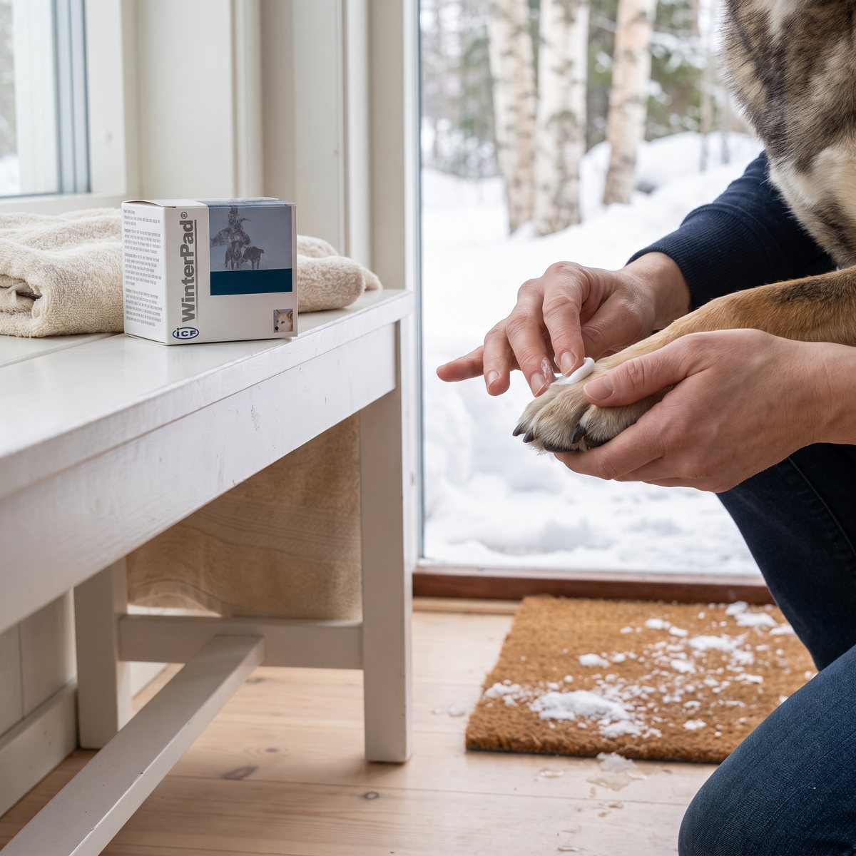 Förpackning med tasskräm på en vit bänk i en hall medan krämen arbetas in mellan tårna på en hundtass, snö och björkar utanför