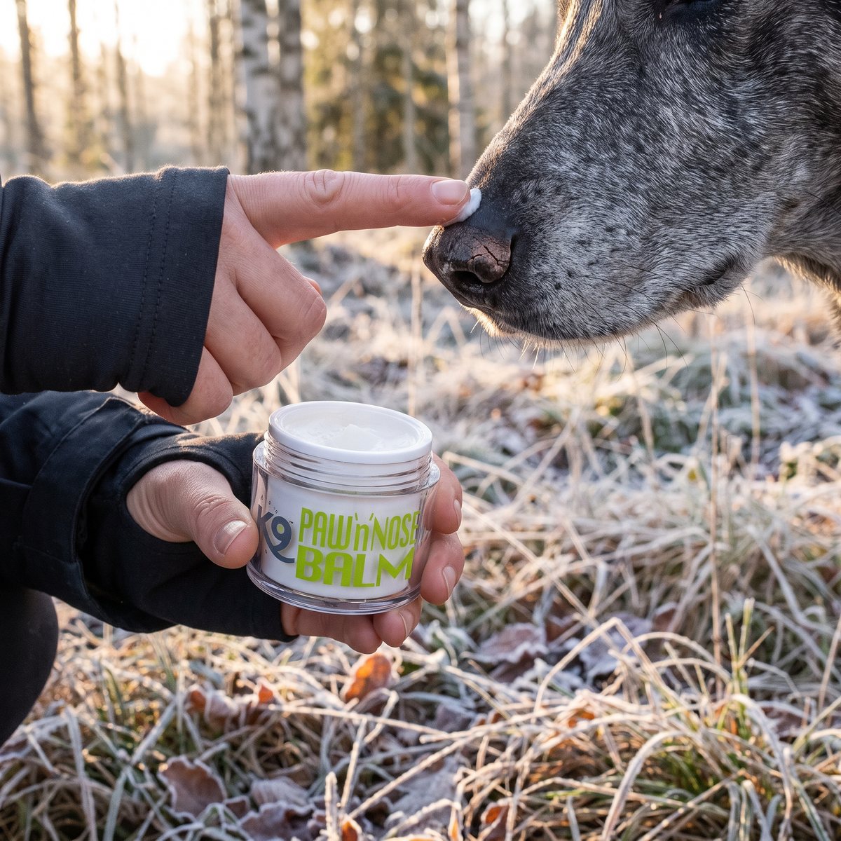 Finger som duttar balsam på en äldre hunds torra nos i en frostig björkskog, burken i andra handen