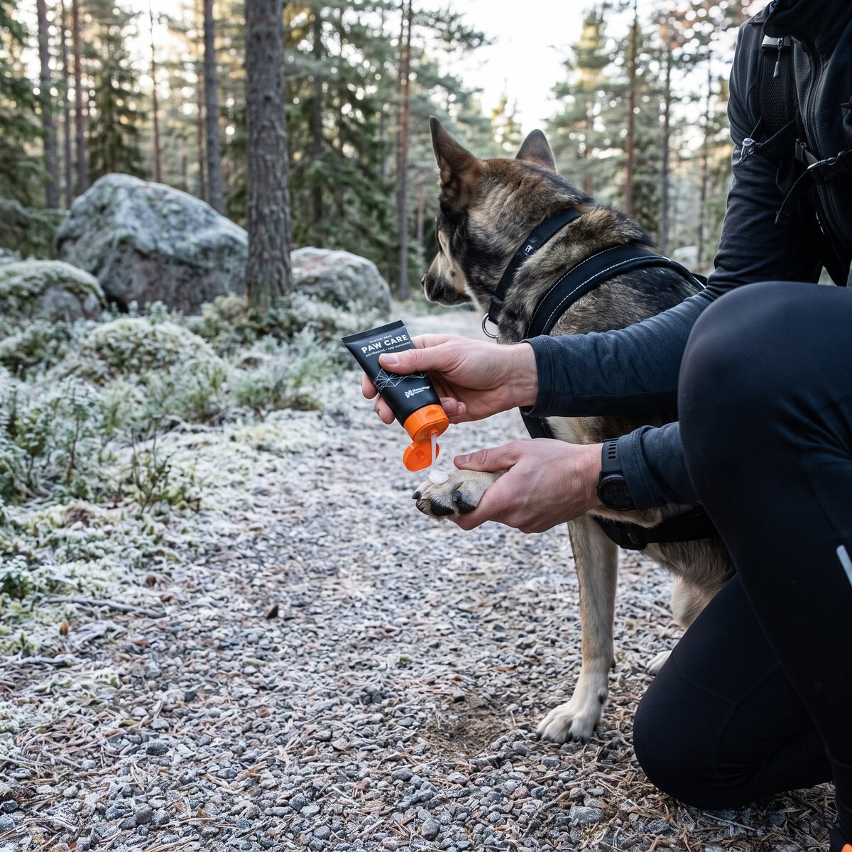 Löpare som trycker tassalva ur en svart tub på tassen till en hund i löparsele på en grusstig i svensk tallskog