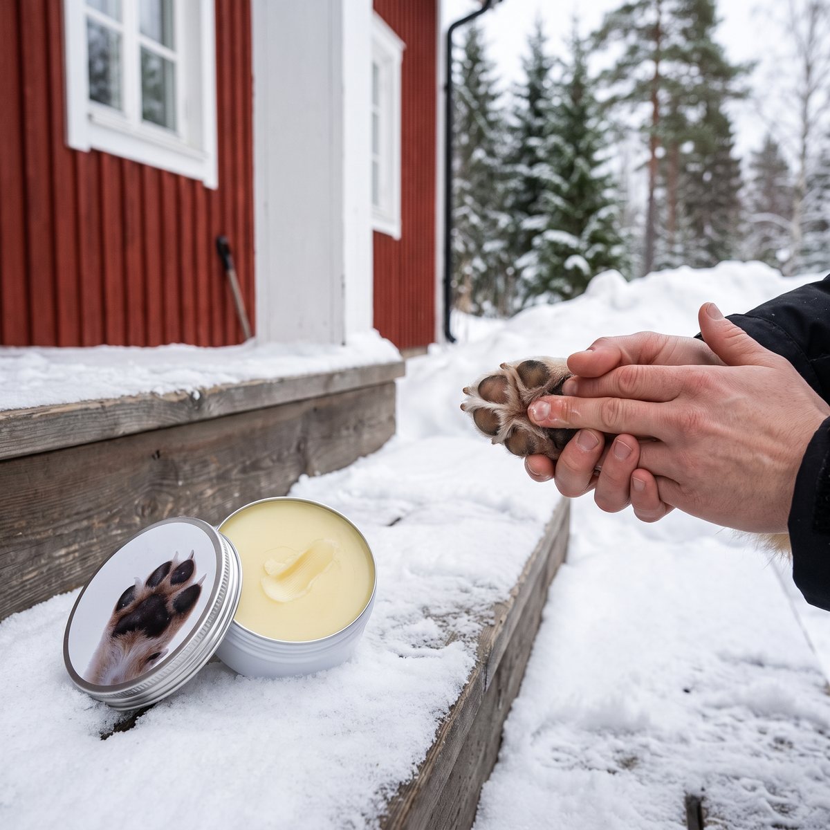 Öppen burk tassvax på en snötäckt trappa framför ett rött trähus medan vaxet gnids in i en hundtass