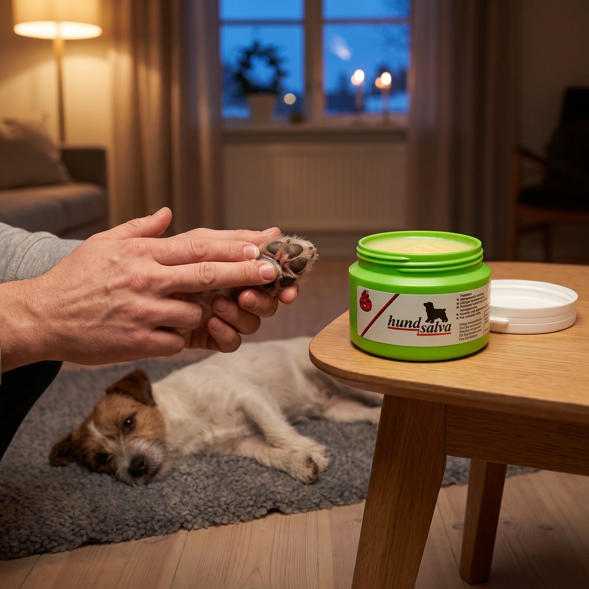 Öppen grön burk tassalva på ett sidobord i ett svenskt vardagsrum medan en liten terrier får salva på tassen