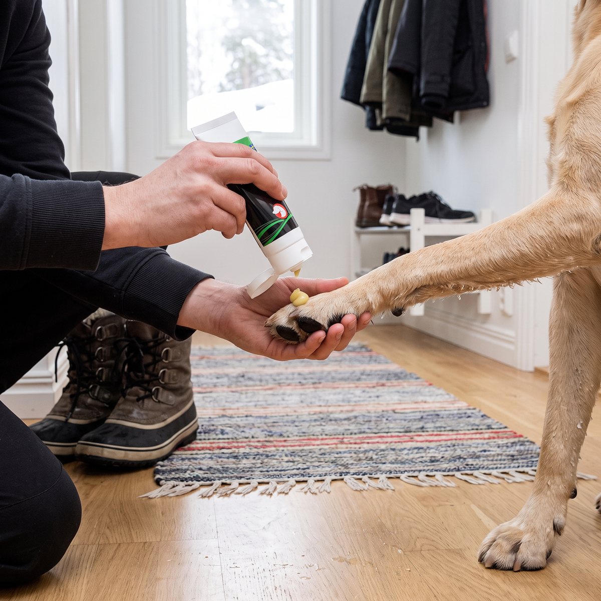 Hand som trycker ut en klick tassalva ur en svart tub på en hunds trampdyna i en svensk hall efter en vinterpromenad