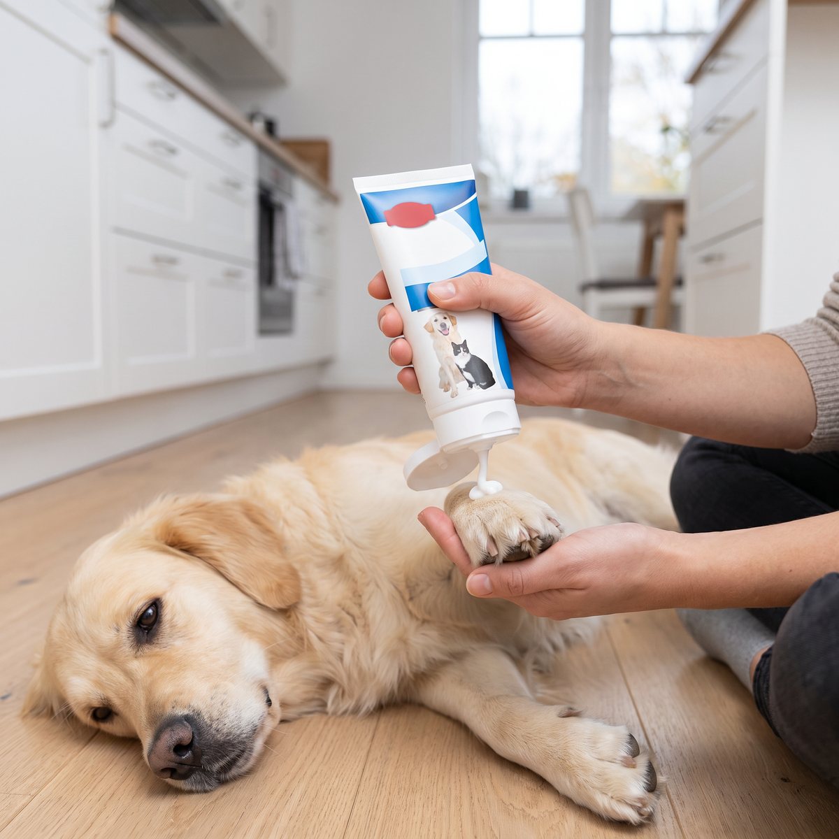 Hand som trycker ut vit lotion ur en vit tub på en golden retrievers trampdyna på ett ljust köksgolv