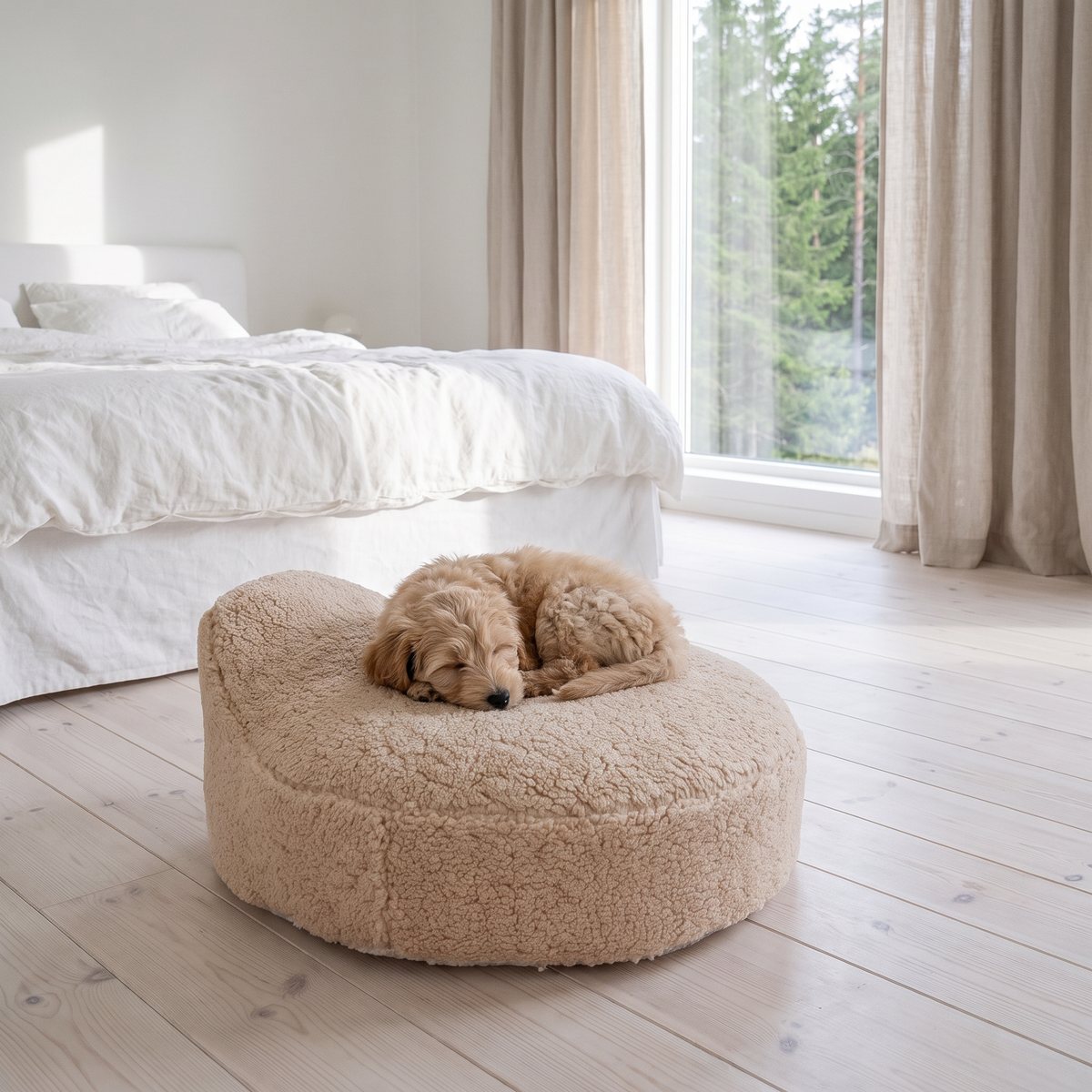 Beige ortopedisk hundbädd i soffform på ett ljust trägolv i ett sovrum, en valp sover hoprullad på den