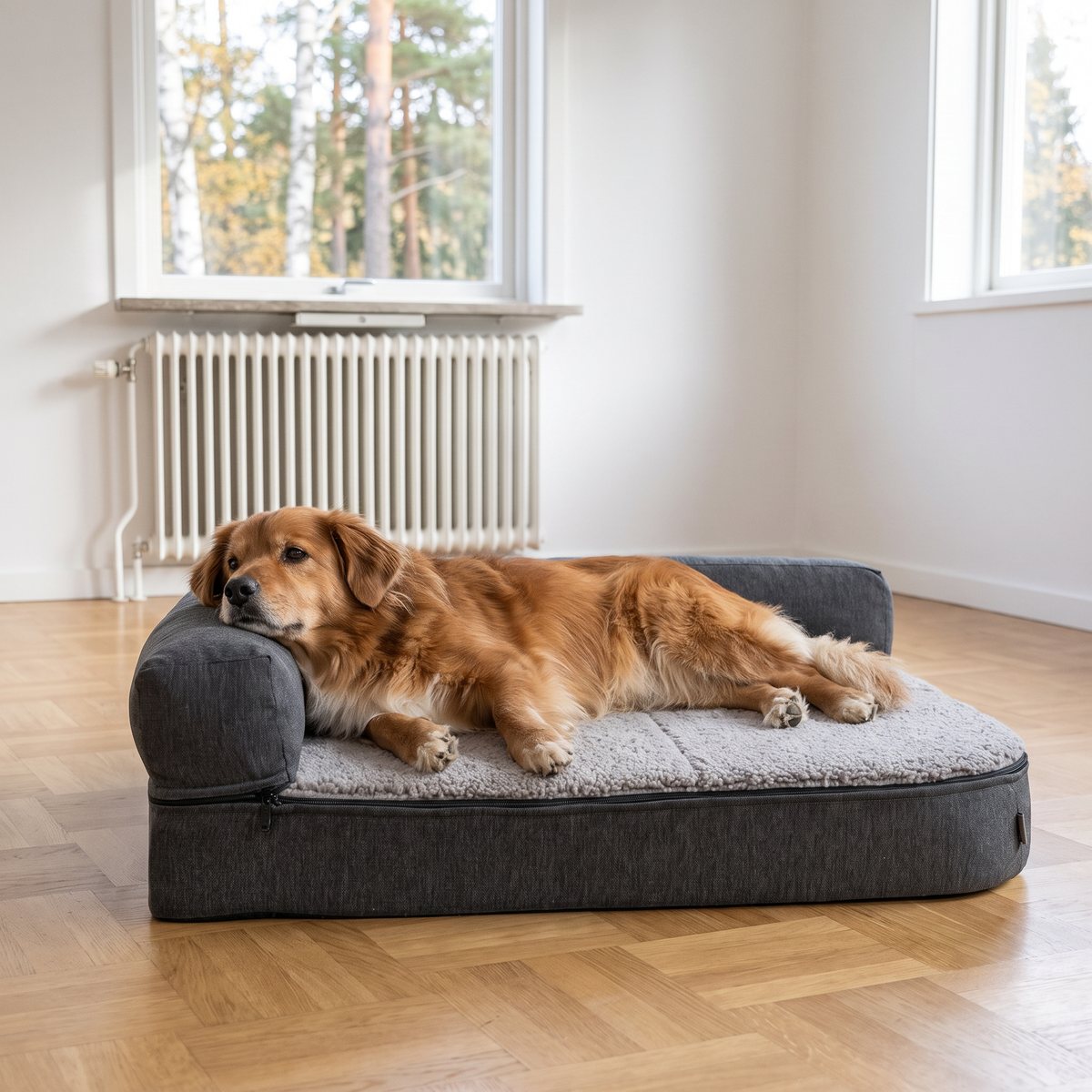 Trixie Vital Bendson hundbädd i grått med fleeceyta och stoppade kanter på ett parkettgolv, en äldre hund vilar hakan mot kanten