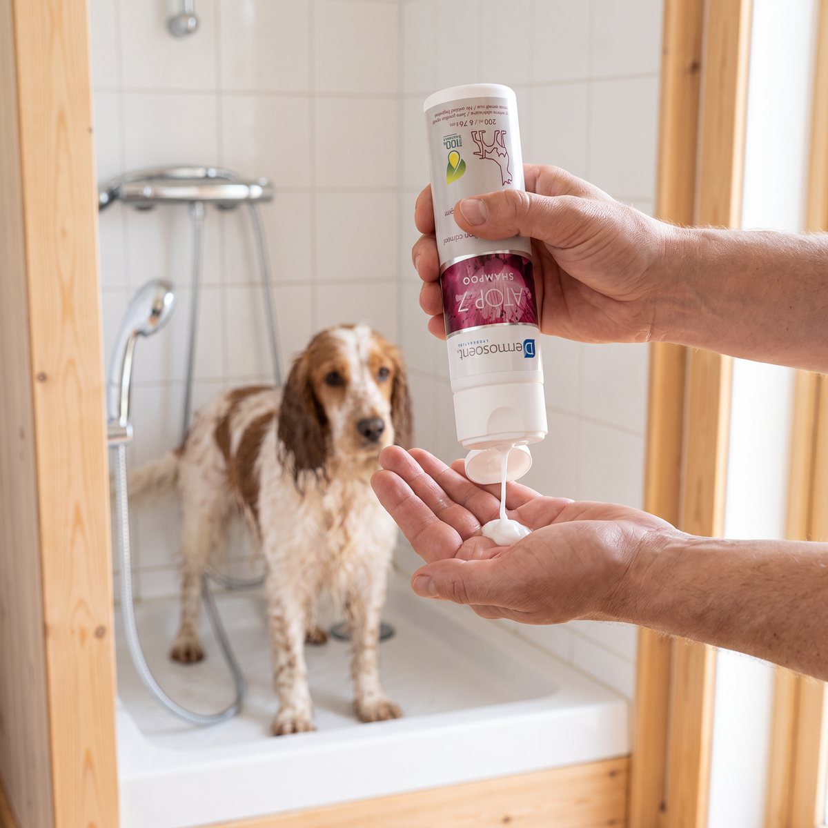En hand trycker ut krämigt Dermoscent Atop 7-schampo i handflatan medan en blöt spaniel väntar i duschen
