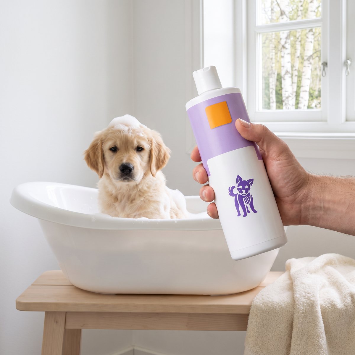 En golden retriever-valp i en liten badbalja med skum på huvudet och en hand som håller Nootie Tearless Puppy-flaskan