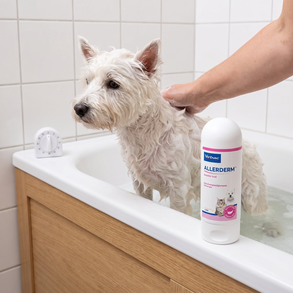 En westie står i badkaret med havreskum i pälsen bredvid en flaska Virbac Allerderm Sensitive Oat och en äggklocka