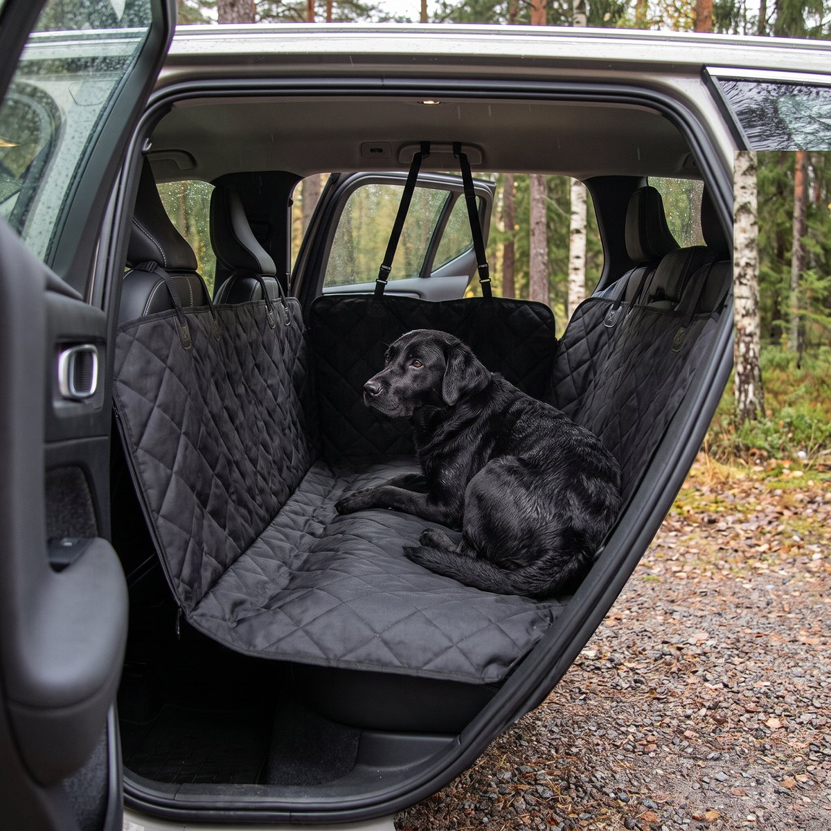 Svart quiltad bilhammock med uppfällda sidovingar i baksätet på en kombi, med en svart labrador, vid en grusparkering i svensk tall- och björkskog