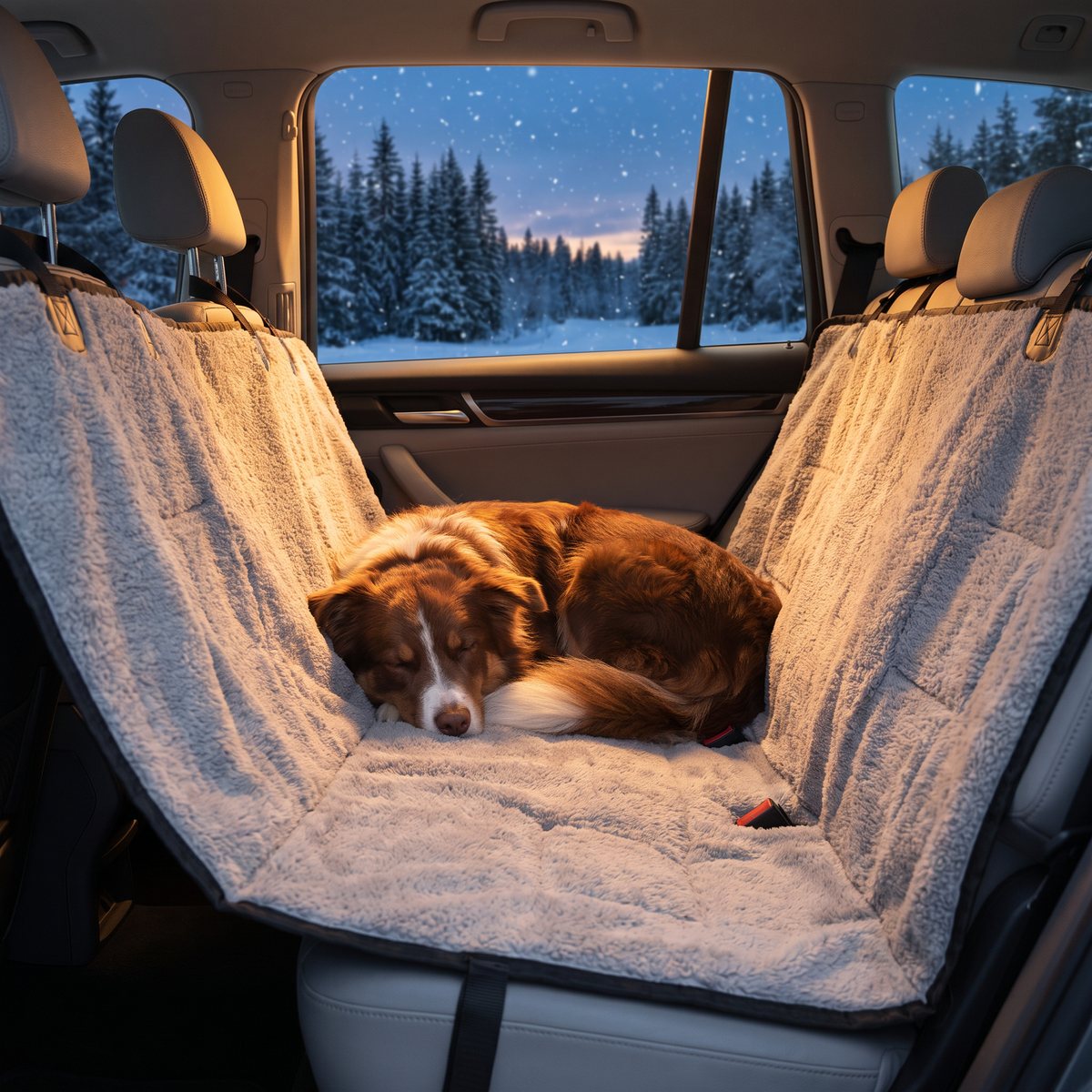Ljusgrått plyschskydd över baksätet med en sovande hund, snöig svensk granskog i skymning utanför