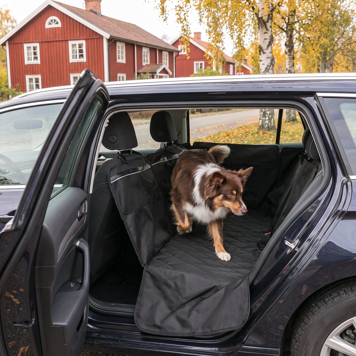 Svart quiltat bilsätesskydd med nedvikt dörrflik över tröskeln när en hund kliver in i baksätet, framför röda trähus i svensk höst