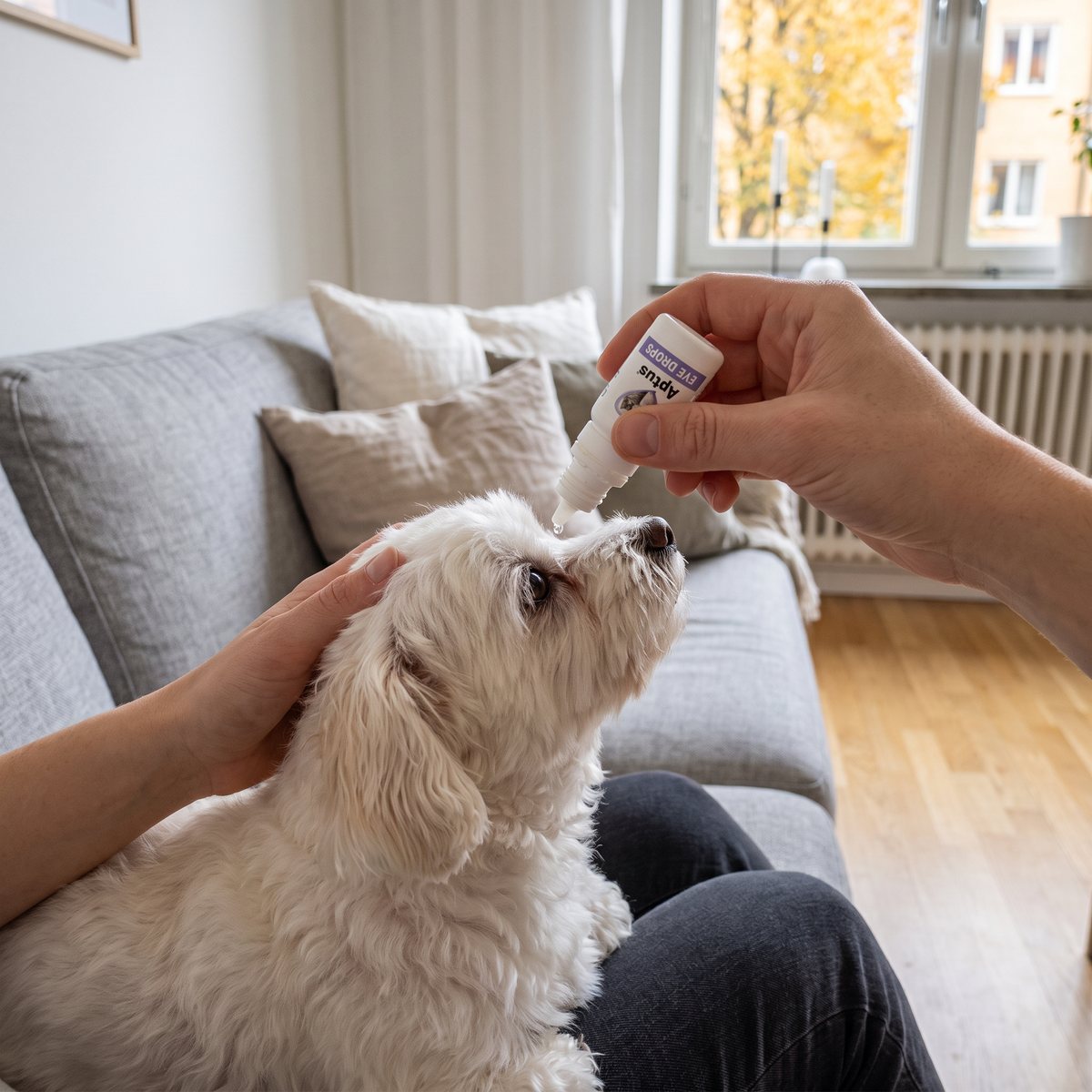 Ägare ger en liten vit hund en droppe Aptus Eye Drops i ögat i soffan hemma