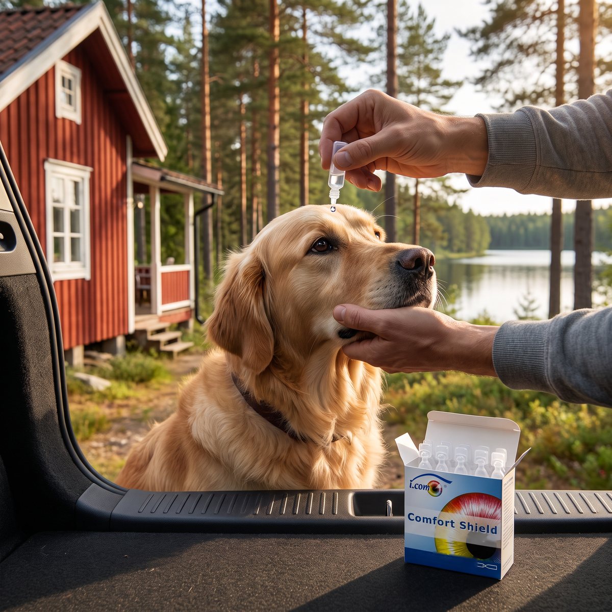 Ägare droppar ur en endosampull i ögat på en golden retriever vid en röd stuga vid en svensk sjö, med Comfort Shield-förpackningen i bagageutrymmet