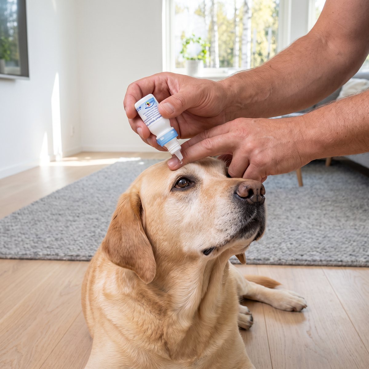 Ägare droppar Comfort Shield MDS ögondroppar i ögat på en labrador i ett ljust svenskt vardagsrum
