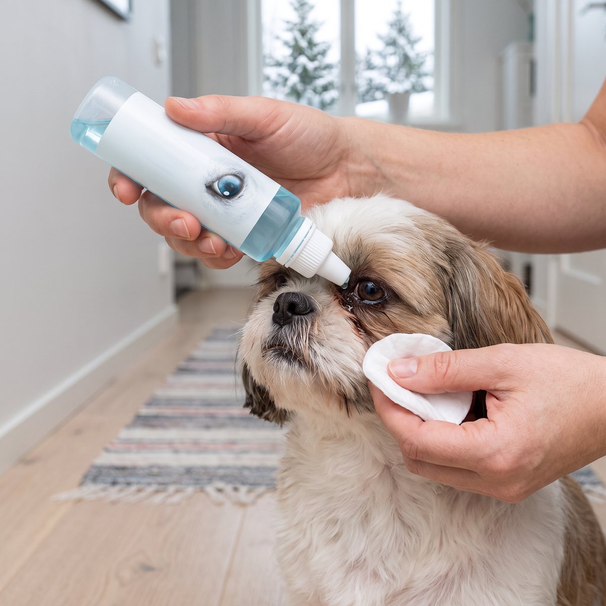 Ägare sköljer ögonvrån på en shih tzu med Ocryl ögonrengöring och håller en bomullsrondell under ögat i en svensk hall