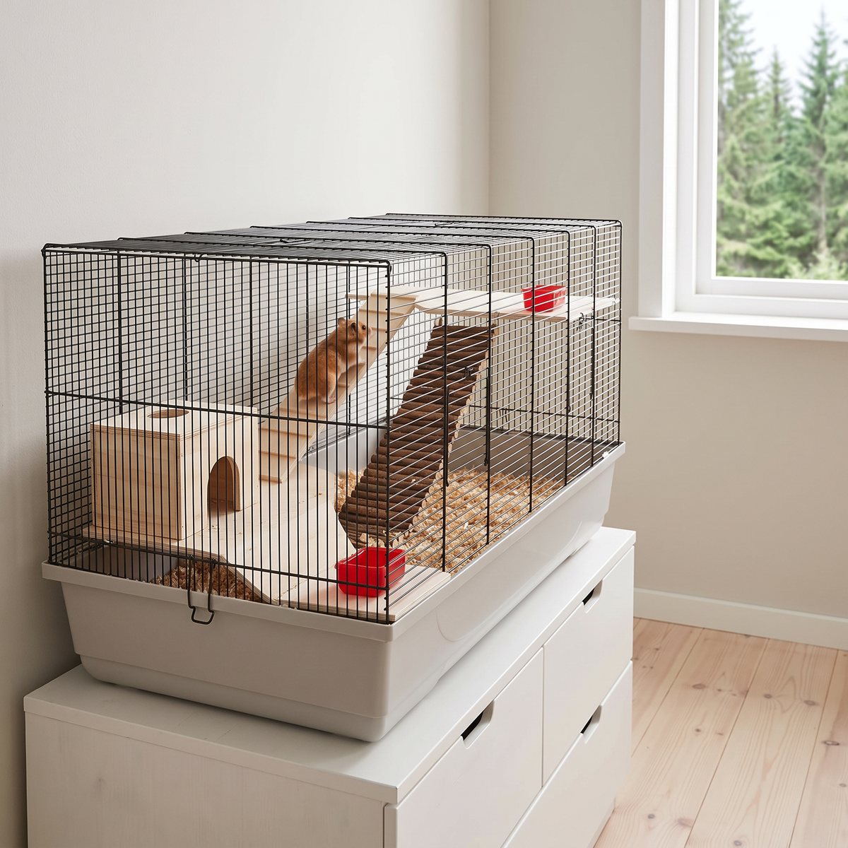 Kerbl hamsterbur med svart galler och ljusgrå botten på en vit byrå i ett svenskt barnrum, guldhamster klättrar på trärampen