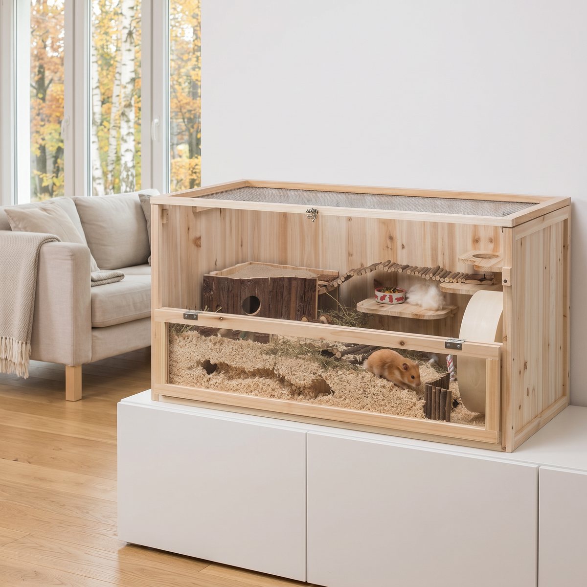 Trixie träbur med akrylfront på en vit sideboard i ett ljust svenskt vardagsrum, guldhamster gräver gångar i djup spånbädd
