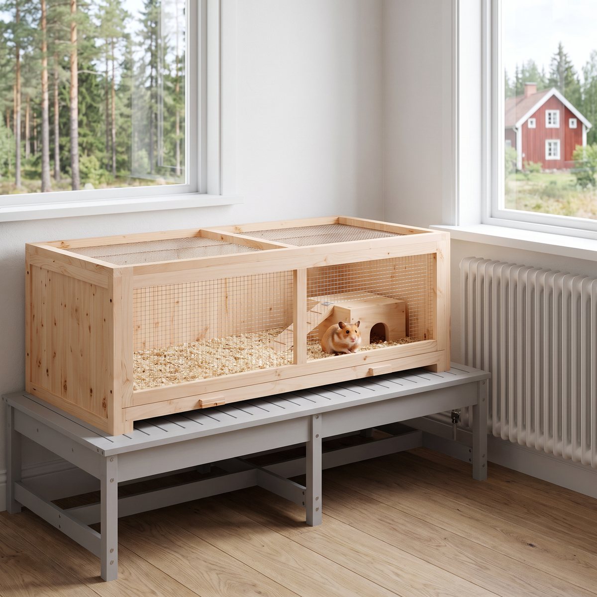 vidaXL hamsterbur i obehandlat granträ på en låg bänk vid fönstret i ett svenskt hem, guldhamster vid trähuset