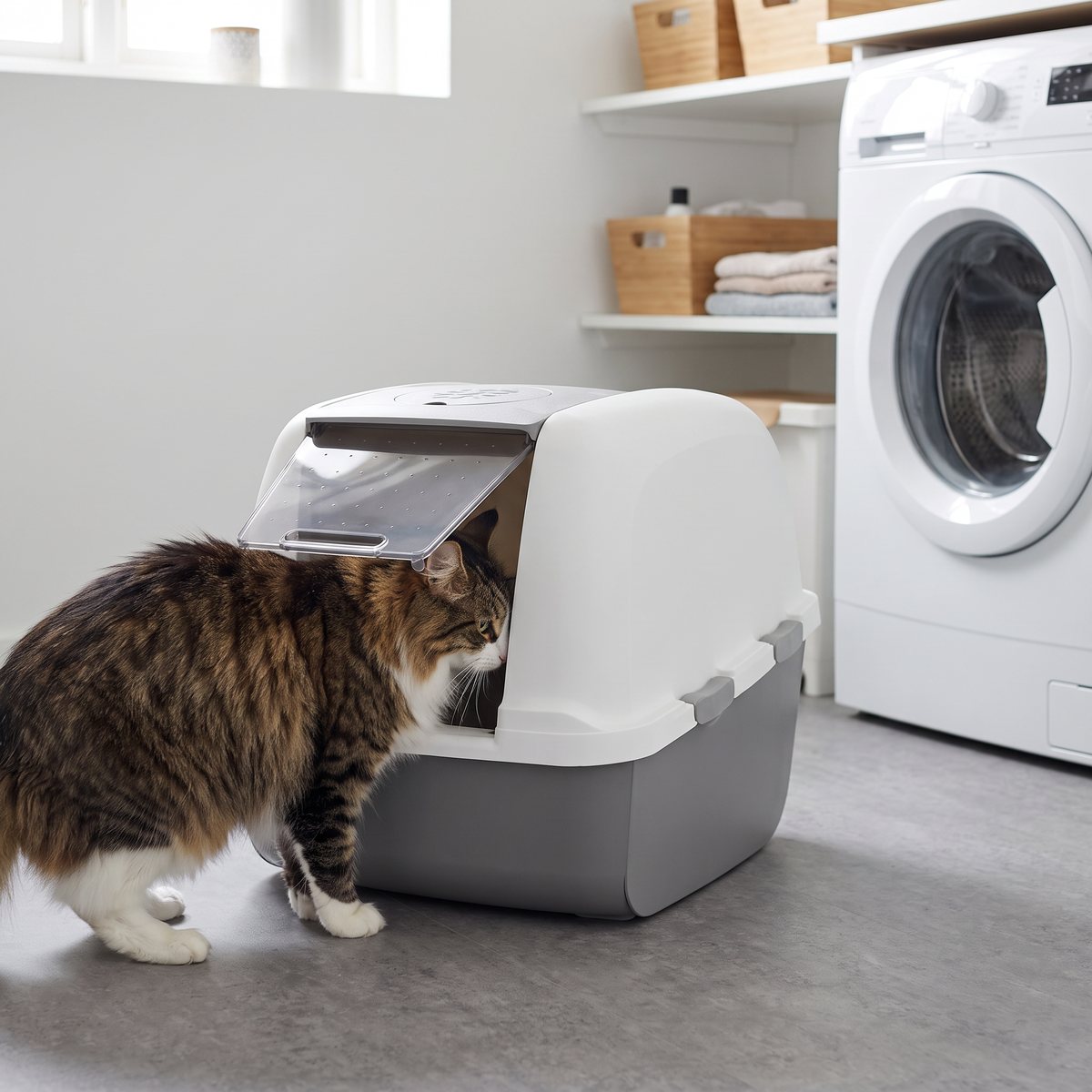 Långhårig katt går in genom svängdörren på en vit och grå Catit Jumbo med tak i en svensk tvättstuga bredvid en frontmatad tvättmaskin
