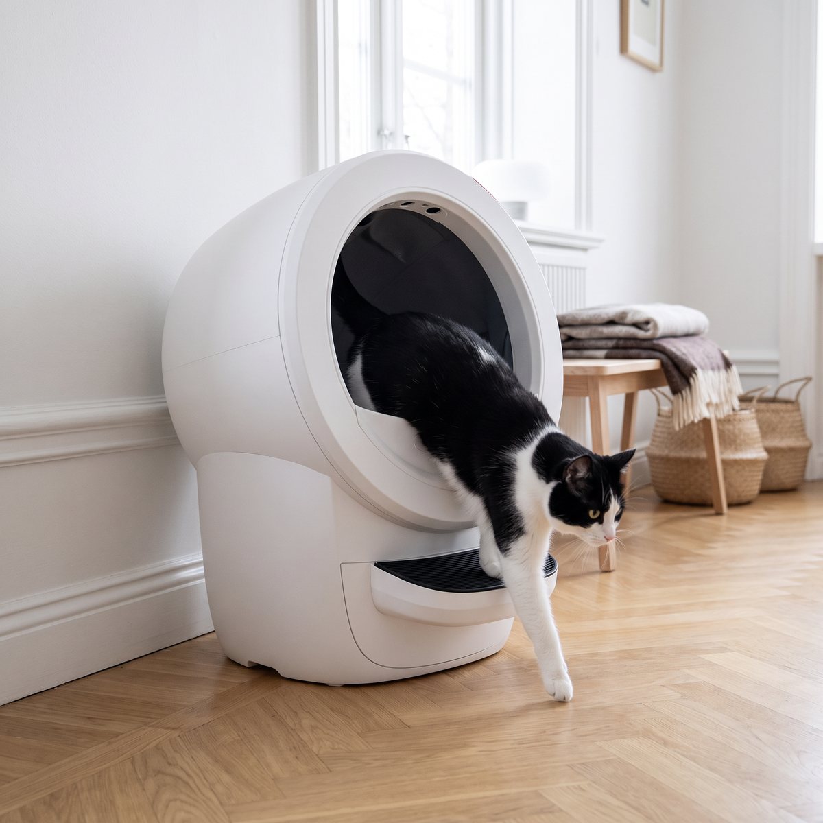 Svartvit katt kliver ut ur globen på en vit Whisker Litter-Robot 4 i en ljus svensk hall med fiskbensparkett