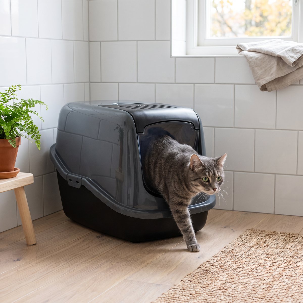 Grå tabbykatt kliver ut genom luckan på en antracitgrå PeeWee EcoHûs med tak i ett ljust svenskt badrum med vitt kakel och trägolv