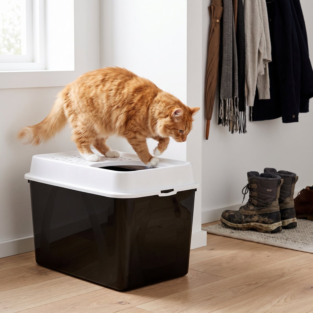Rödgul katt står på det vita locket till en svart Rotho MyPet Top Entry i en svensk hall med vinterkängor och klädhängare