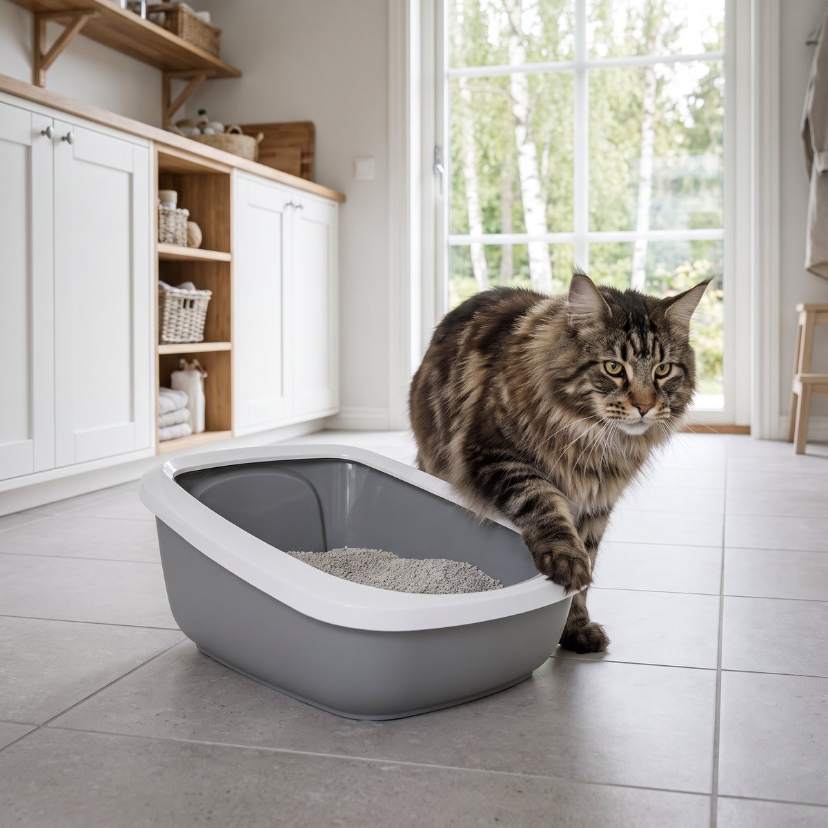 Stor maine coon kliver över den låga fronten på en grå och vit Savic Aseo Jumbo i en ljus svensk tvättstuga med björkar utanför fönstret