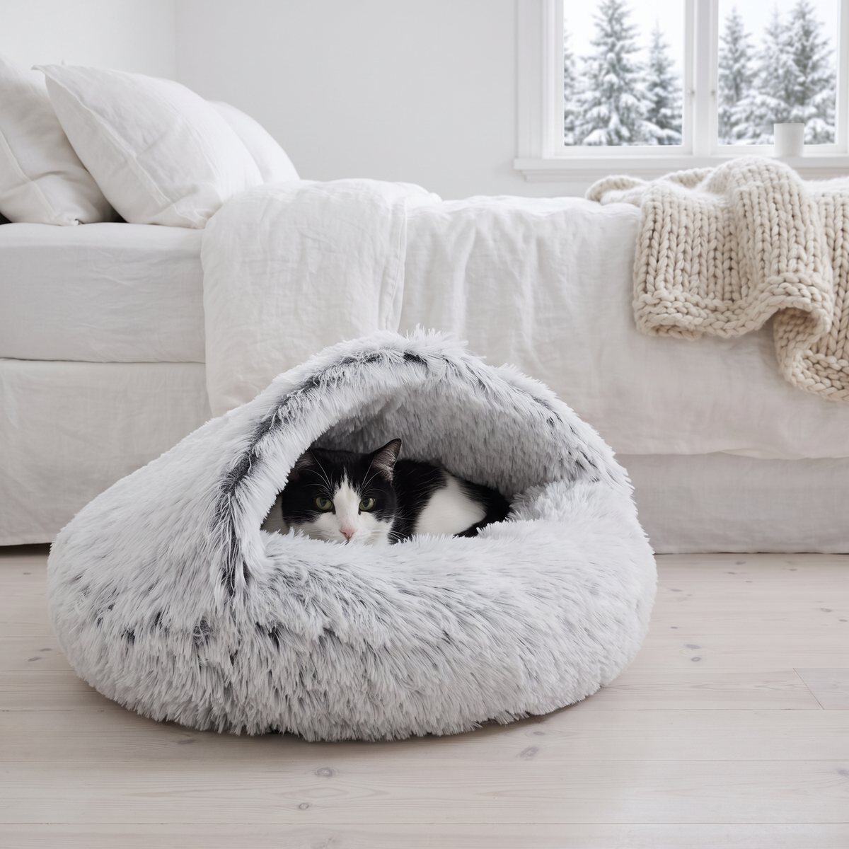 Svartvit katt kikar ut ur en fluffig grå Little&Bigger-koja på ett ljust trägolv i ett svenskt sovrum