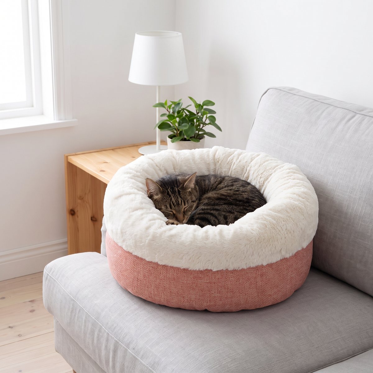 Randig katt hoprullad i en rosa och vit Scruffs-bädd på en ljusgrå soffa i en ljus svensk lägenhet