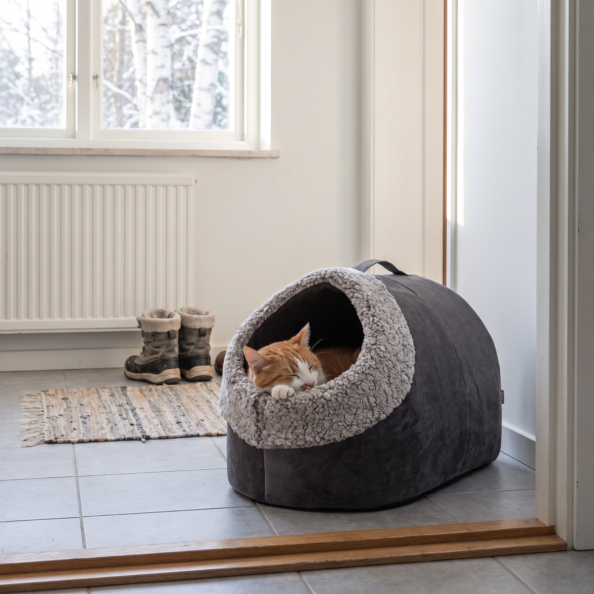 Katt som sover i en grå Trixie Calida-igloo på ett klinkergolv i en svensk hall med element och vinterkängor
