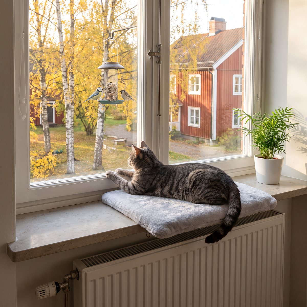 Grå randig katt ligger på en ljusgrå Trixie-fönsterbräda och tittar ut mot björkar och ett rött trähus