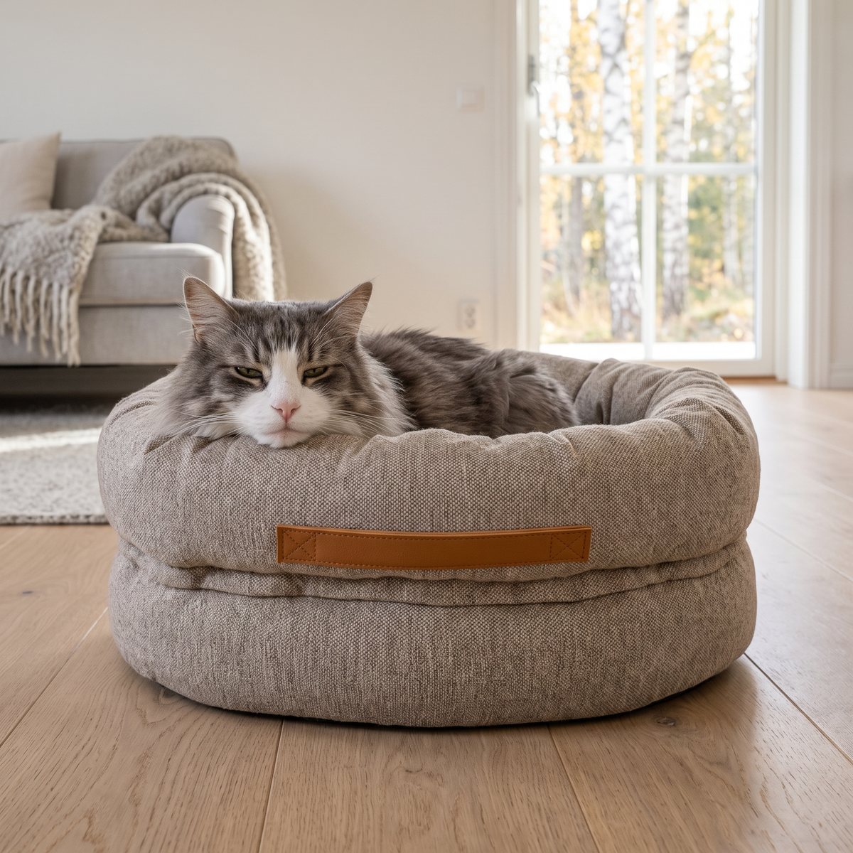 Äldre grå och vit katt vilar hakan på kanten av en beige ortopedisk donutbädd på ett ekgolv i ett svenskt vardagsrum
