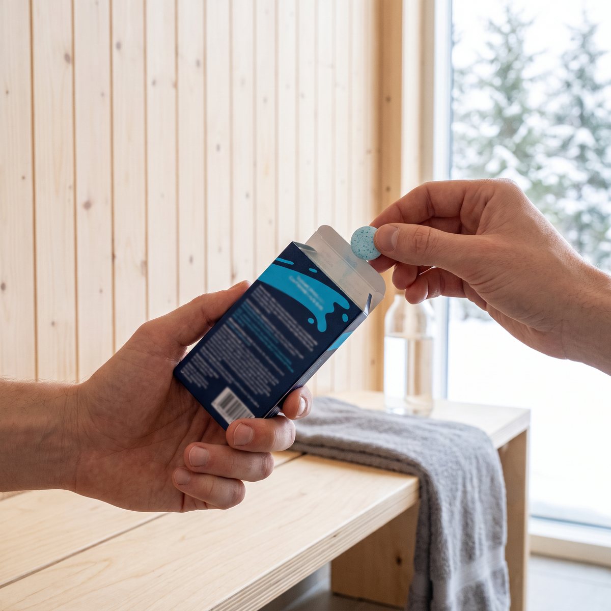 Händer tar en ljusblå tuggummibit ur en mörkblå ask Eace Gum Energy Boost på en träbänk i ett ljust omklädningsrum med snöig granskog utanför fönstret