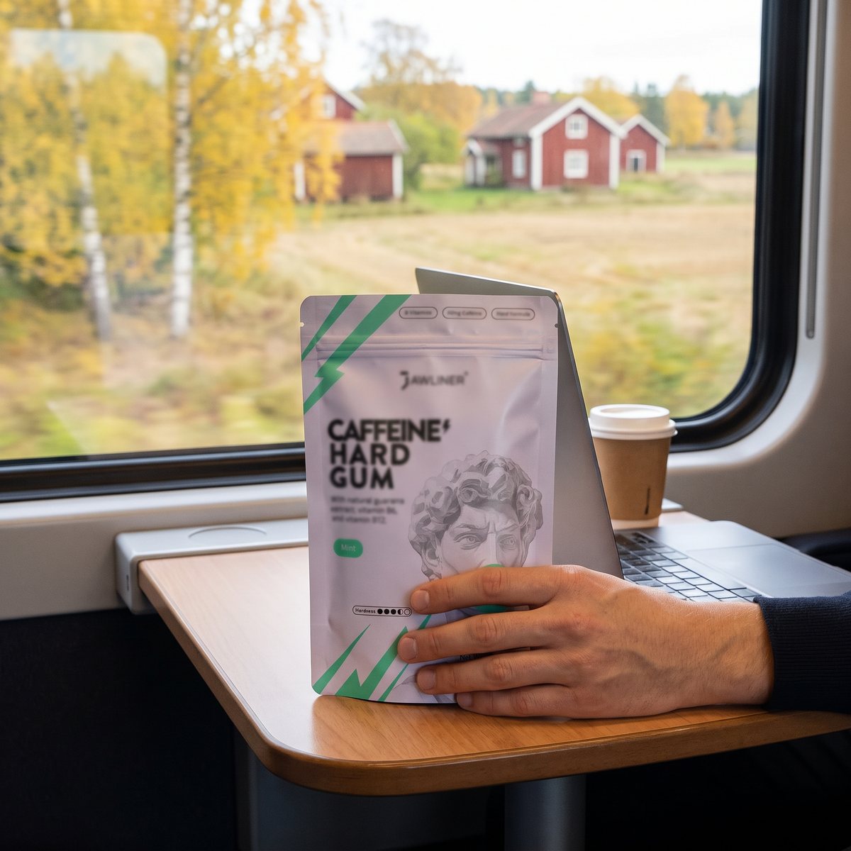 Hand håller en påse Jawliner Koffeintuggummi Extra Hårt på ett tågbord vid fönstret, med laptop, kaffemugg och höstlandskap med röda stugor utanför