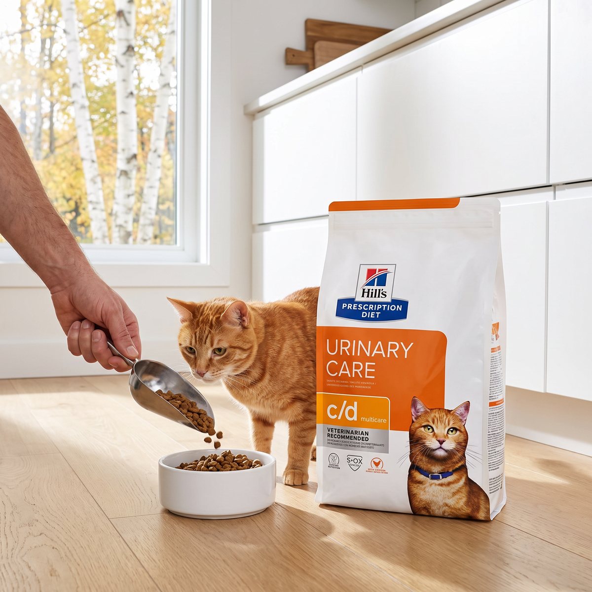 Hill's Prescription Diet c/d Multicare-påse på ett ljust ekgolv i ett svenskt kök medan en hand häller torrfoder i en skål åt en röd katt