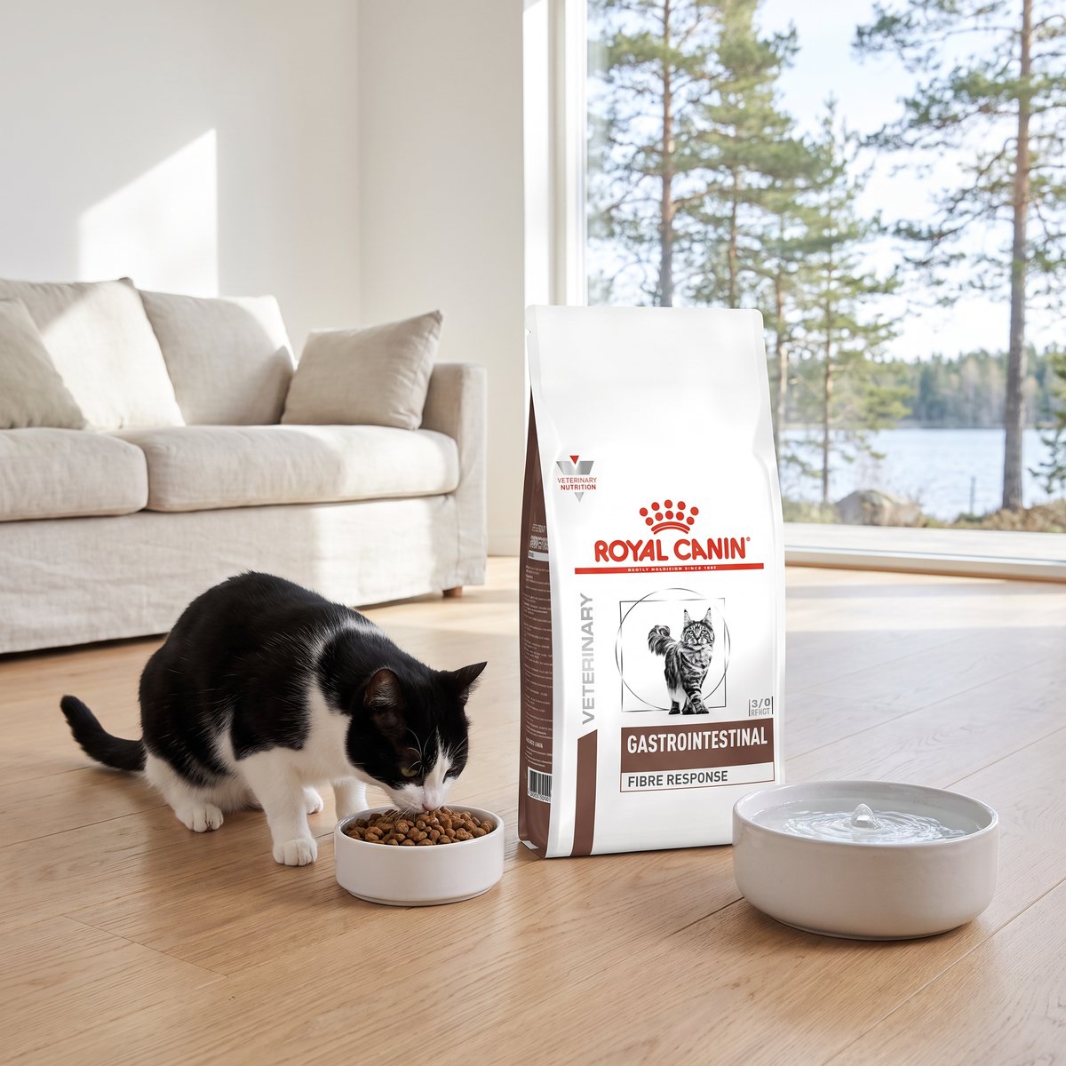 Royal Canin Gastrointestinal Fibre Response-påse bredvid en svartvit katt som äter ur en skål i ett svenskt vardagsrum med sjöutsikt
