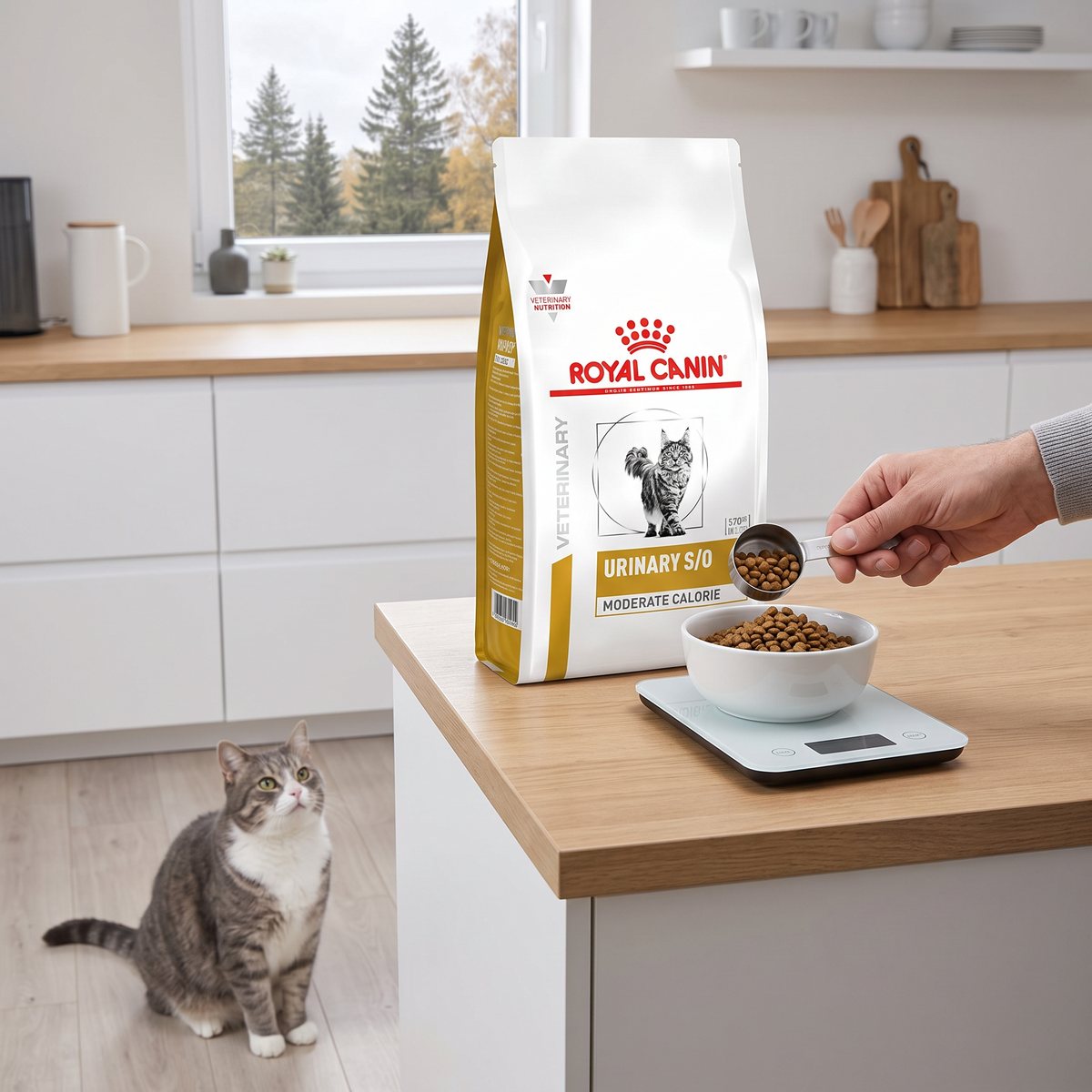 Royal Canin Urinary S/O Moderate Calorie-påse på en köksbänk medan en hand mäter upp dagsgivan i en skål på en köksvåg, en katt väntar på golvet i ett svenskt kök