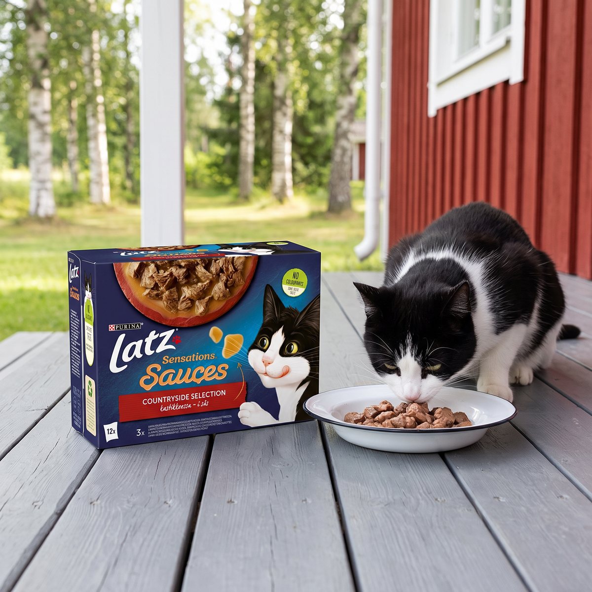 En svartvit katt äter köttbitar ur en emaljskål bredvid en Latz Sensations Countryside-låda på verandan till en röd svensk sommarstuga