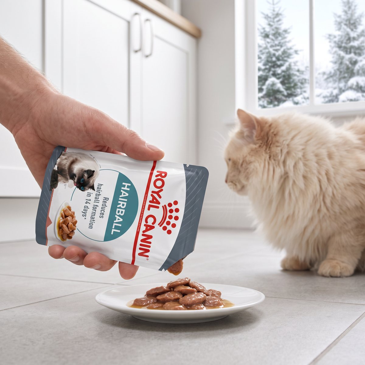 En hand tömmer en påse Royal Canin Hairball Care på ett fat medan en långhårig ljus katt väntar i ett svenskt kök med snöig gran utanför fönstret
