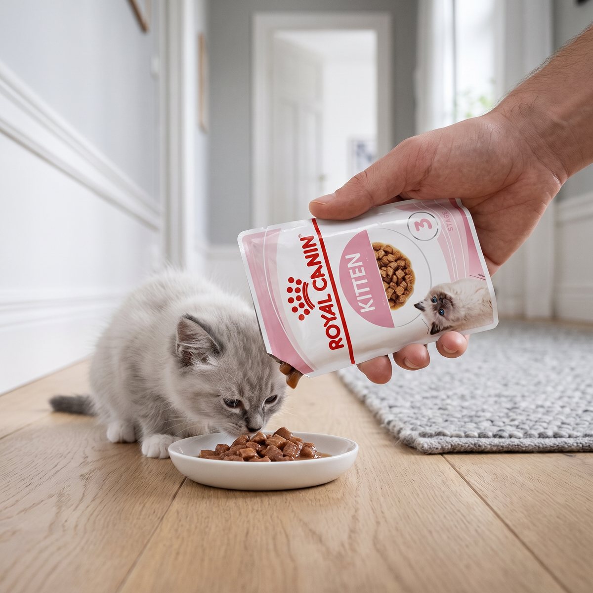 En hand håller en påse Royal Canin Kitten och klämmer mjuka bitar i sås ner i en skål där en grå kattunge äter, i en ljus svensk hall med trägolv