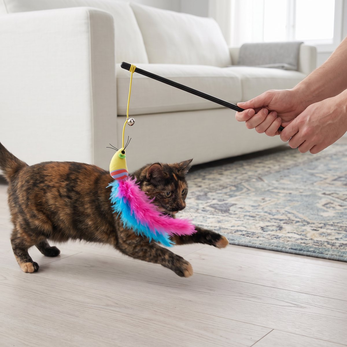 Spräcklig katt som jagar en leksaksmus med rosa och blå fjädrar i ett svenskt vardagsrum