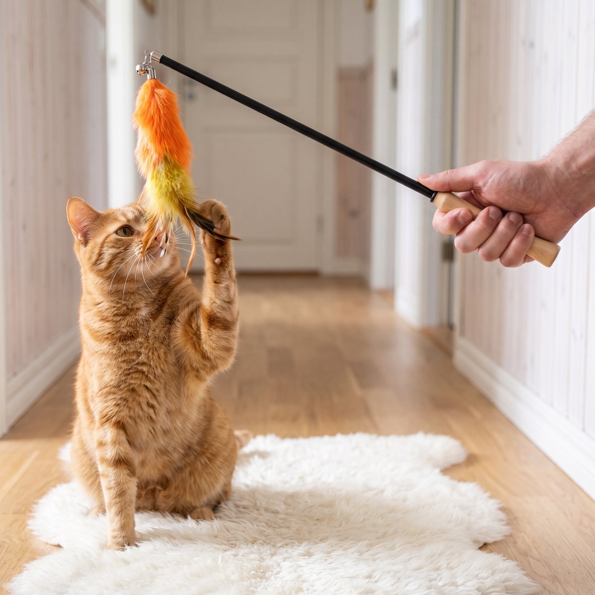 Rödbrun katt som fångar en lurvig fjäderlock på ett kattspö med trähandtag i en svensk hall