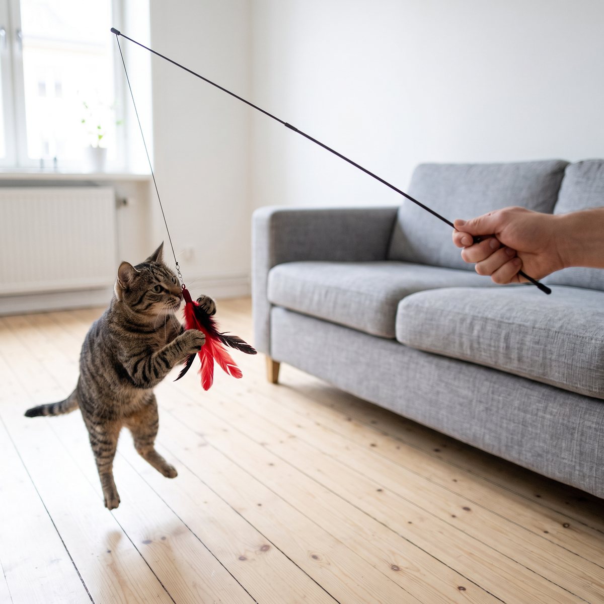 Katt i hoppande lek med ett kattspö med röda fjädrar i ett ljust svenskt vardagsrum
