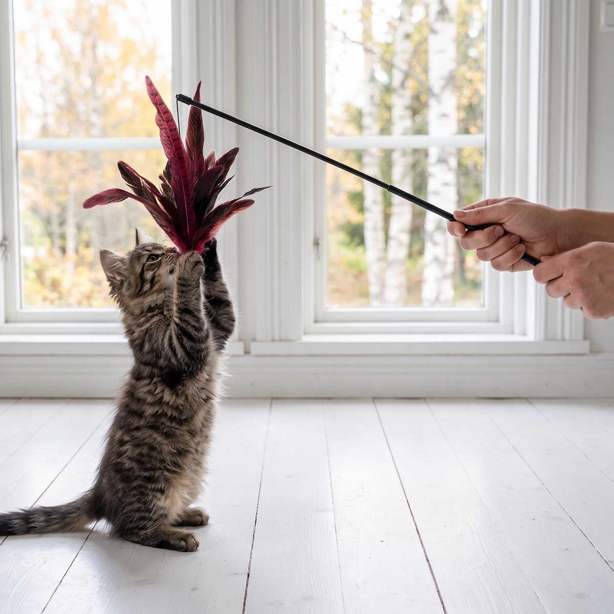 Kattunge som sträcker sig efter fjädrar på ett kattspö vid ett fönster mot björkar