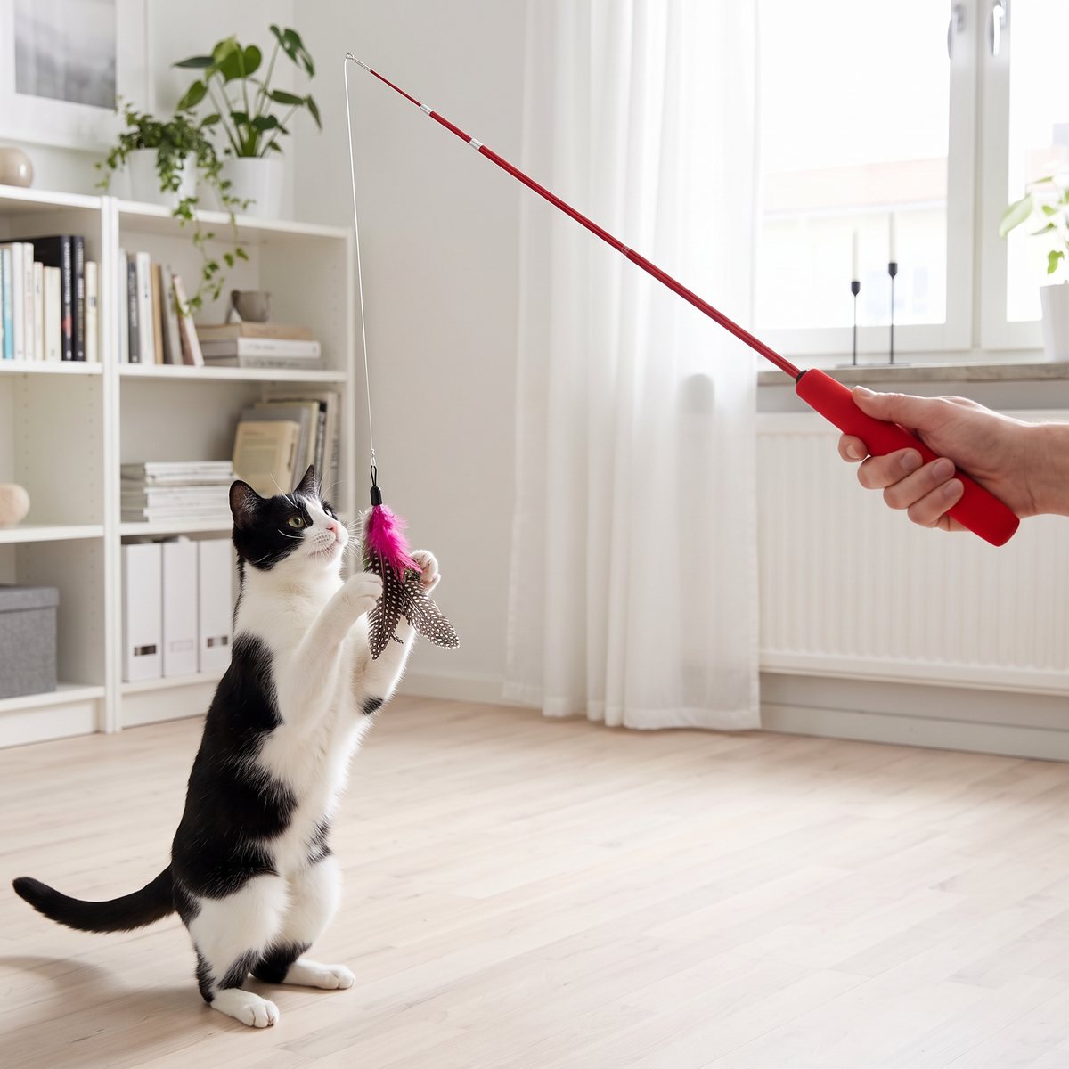 Svartvit katt som sträcker sig efter fjädrar på ett rött kattspö med skumgummihandtag i en svensk lägenhet