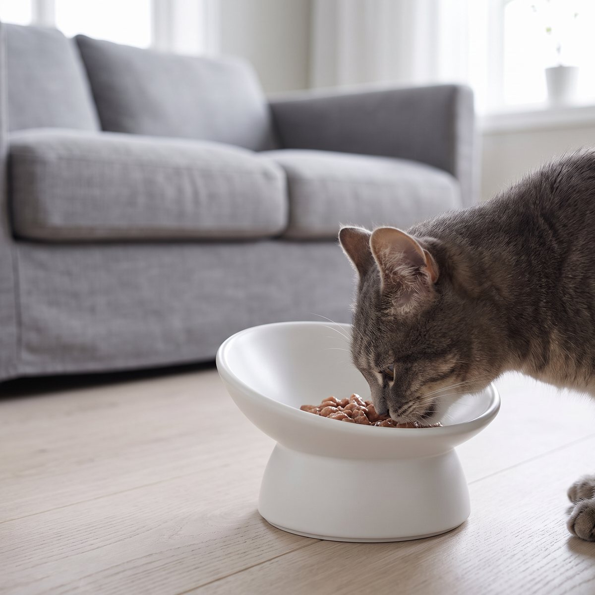 Vit upphöjd keramikskål på ett ljust trägolv i ett svenskt vardagsrum, en grå katt äter våtfoder ur den