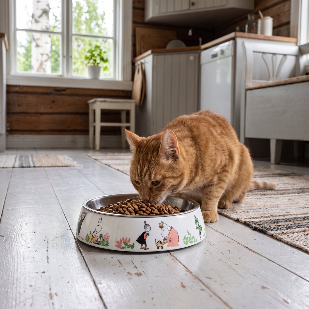 Vit kattskål med muminmotiv och stålinsats på ett vitmålat trägolv i ett svenskt sommarstugekök, en rödrandig katt äter ur den