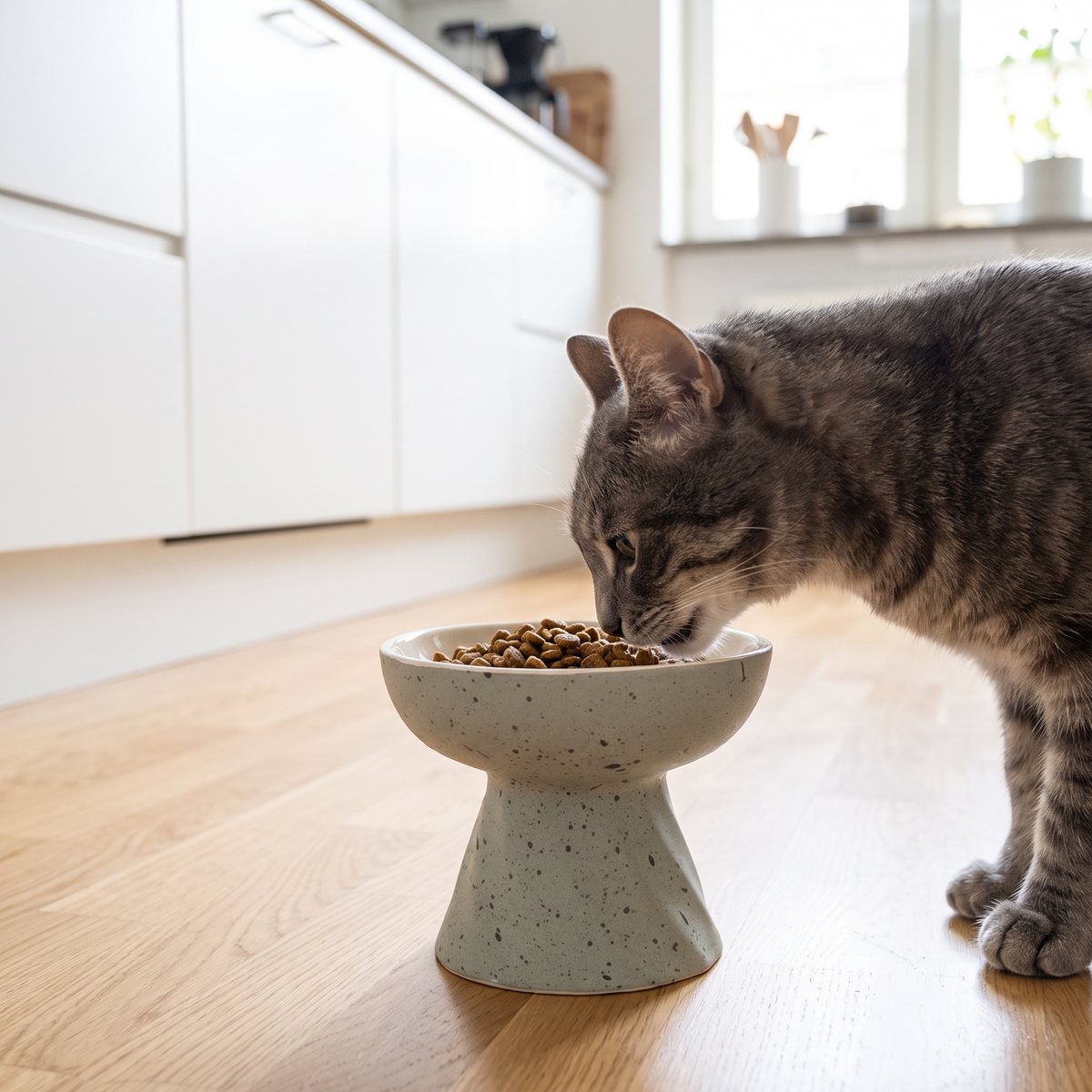 Upphöjd grå kattskål i spräcklig keramik på ett ljust ekparkettgolv i ett svenskt kök, en grå katt äter torrfoder ur den