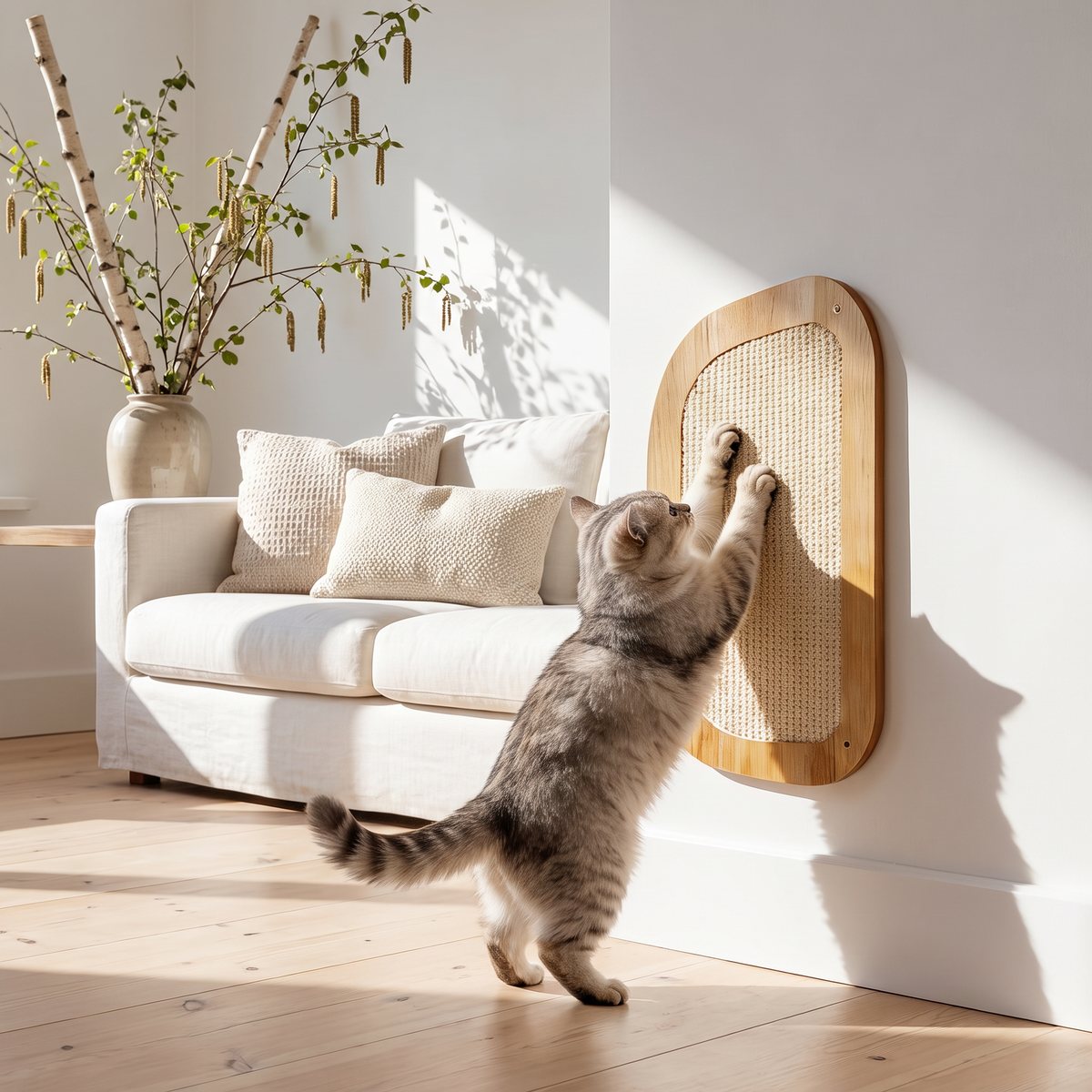 Little&Bigger Harmony väggklösbräda i trä och sisal i ett svenskt vardagsrum, en katt klöser
