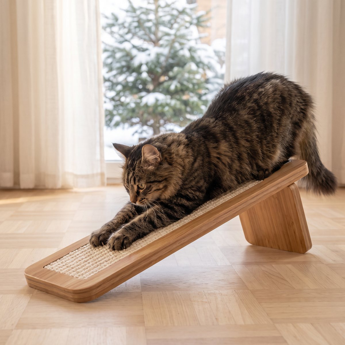 Quapas lutande klösbräda i trä och sisal på parkettgolv i ett svenskt vardagsrum, en katt sträcker sig över den